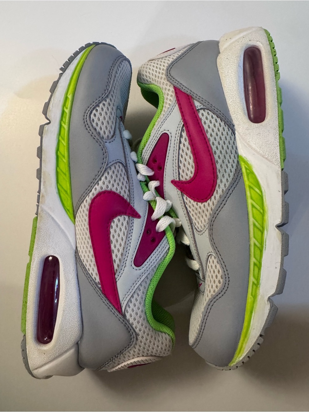 Nike Women’s Gray Sneakers with Pink Air Man 90 Swoosh and Lime Accents